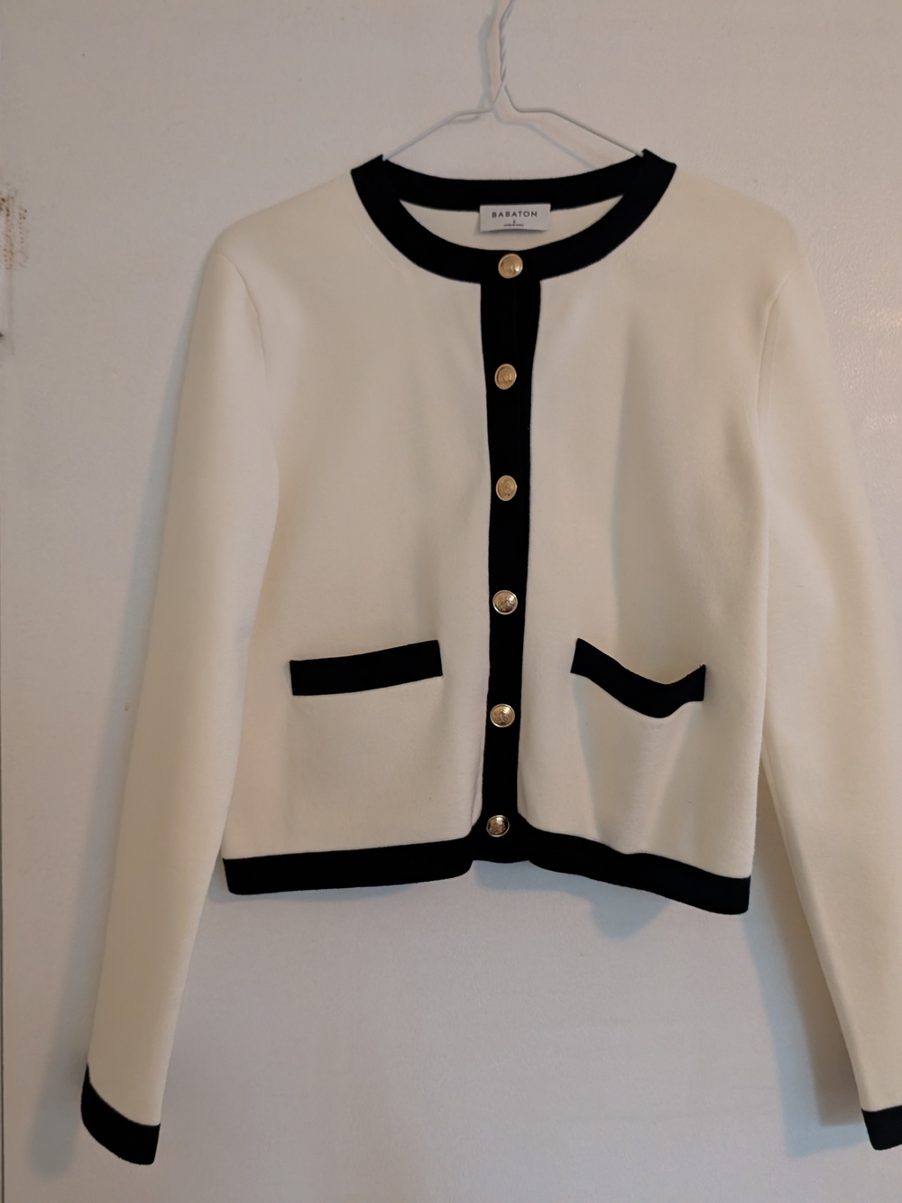 Aritzia Babaton Cream Cardigan with Black Trim and Gold Button Accent - Picture 9 of 14